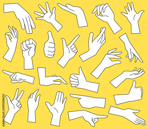 Collection of hands displaying various gestures and positions on a bright background