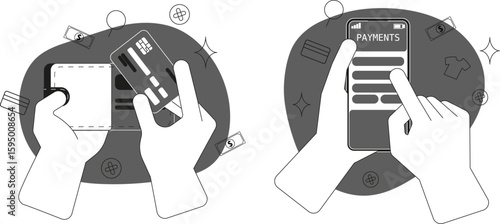 Digital illustration of contactless payment options highlighting cash and card use