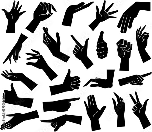 Set of hands displaying various gestures for communication and expression in vector style