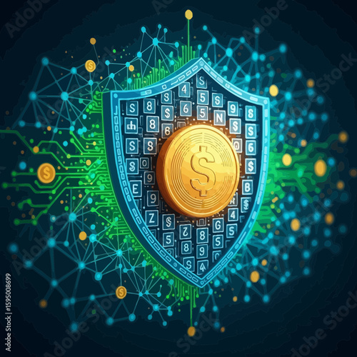 Secure digital currency graphic featuring a shield and golden coin, suitable for blockchain technology, finance, and cybersecurity designs.