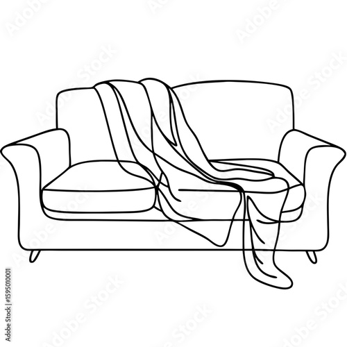 Simple sofa and throw blanket illustration, with draped blanket cascading down. Minimalist sofa and throw blanket brings a cozy touch to any scene, enhancing a tranquil atmosphere.