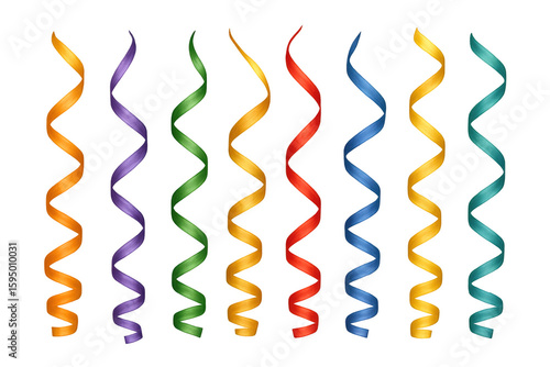 Set of colorful curling streamers hanging down isolated on transparent background, perfect for party decorations