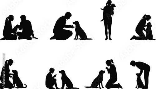Dog companion silhouettes, sitting and standing poses, pet interaction, human bond, vector flat design, black illustration, cad drawing style