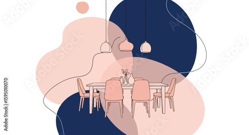 Modern dining room with table chairs and pendant lights