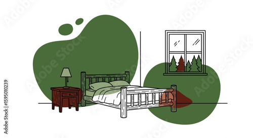 Stylized bedroom scene with bed and nightstand in natural colors