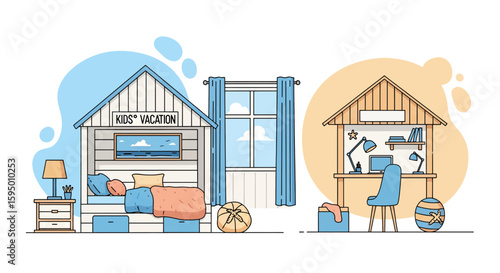 children's bedrooms with beds desks and decorative elements