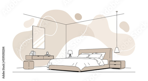 Modern bedroom interior with bed, nightstands, and decorative wall art