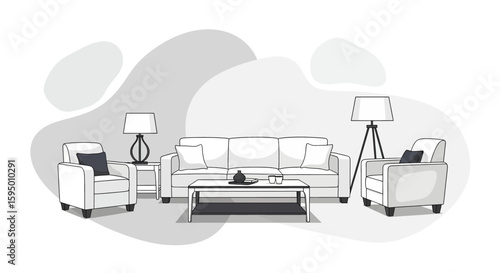 living room furniture with sofa armchairs and lamps
