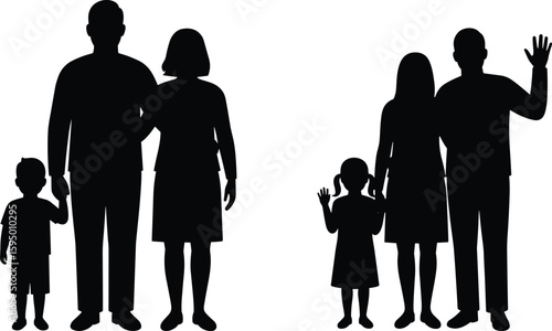 Silhouettes of two family groups with adults and children, holding hands and waving, black vector illustration of parent-child interaction