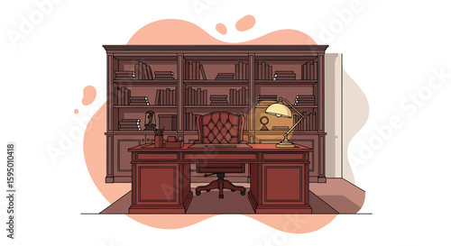 classic wooden desk with leather armchair and bookshelf background