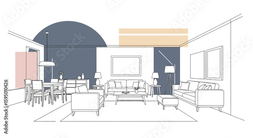 Living room interior with sofas and dining area in minimal style