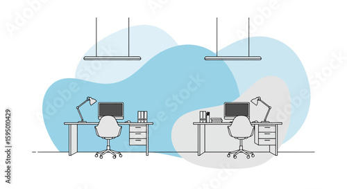 office desks with chairs and desk lamps in modern workplace