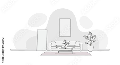 Living room interior with sofa, plant, and wall artwork