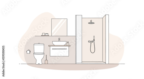 Minimalist bathroom scene with toilet sink and shower