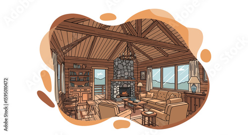 Cozy mountain cabin interior with fireplace and wooden furniture
