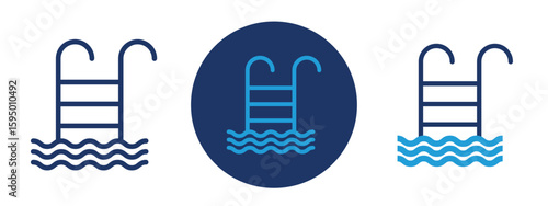 set of pixel perfect colored Pool icon , 1 Silhouette, 1 Unexpanded, Swimming pool with ladder and waves.