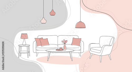 Minimalist living room with sofa armchair and pendant lights