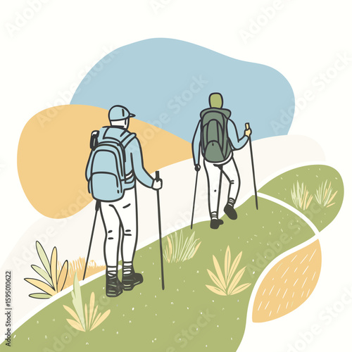 Two hikers with backpacks and trekking poles walking uphill on a grassy path with abstract colorful shapes silhouette