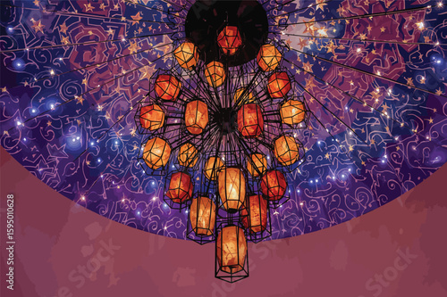 Vector art of a stunning chandelier with glowing lanterns illuminates an ornate ceiling with intricate patterns and twinkling lights