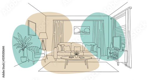 Living room with sofa, armchair, curtains and TV setup