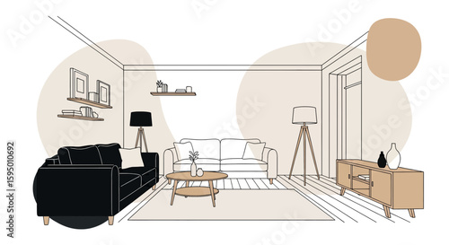 Minimalist living room with sofas and lighting fixtures