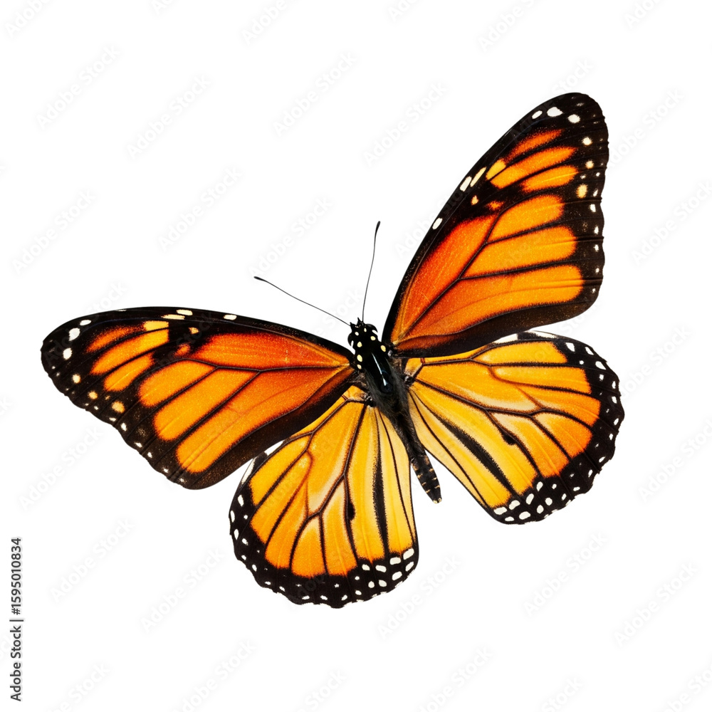 Fototapeta premium Vibrant monarch butterfly in flight isolated on white background