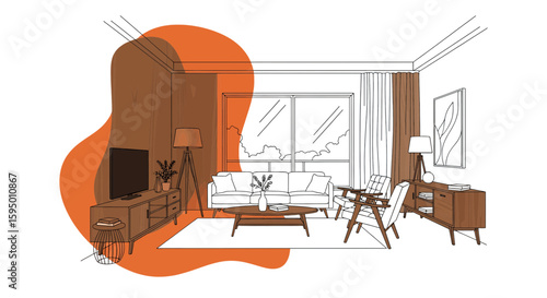 Living room interior with sofa chairs and wooden furniture