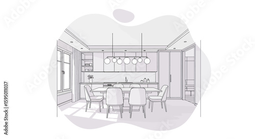 Modern minimalist kitchen with dining area and pendant lighting