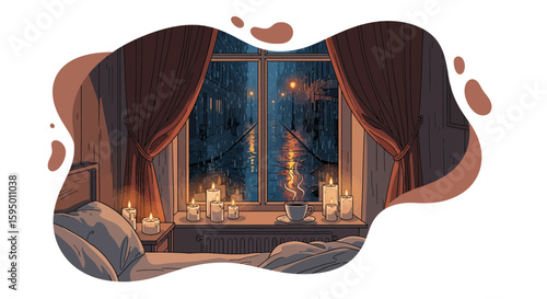 Cozy bedroom scene with candles and raining street view at night
