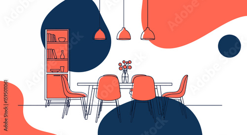 Modern dining room with chairs pendant lamps and bookshelf