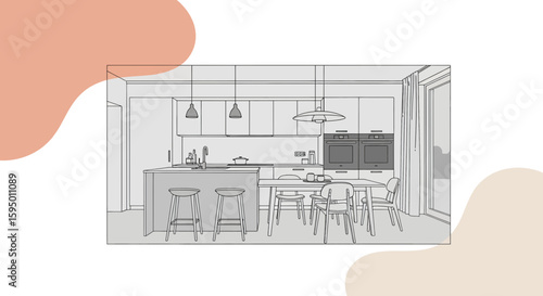 minimalist kitchen scene with dining table and stools