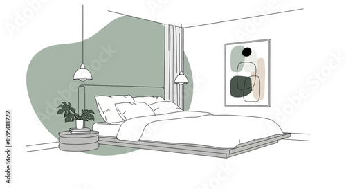 Minimalist bedroom with bed, pendant lights, and wall art