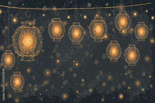Vector art of intricate traditional lanterns with glowing patterns hang in the dark, creating a warm and festive atmosphere for a cultural celebration