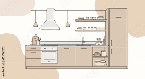 Minimal kitchen interior with cabinetry appliances and open shelves