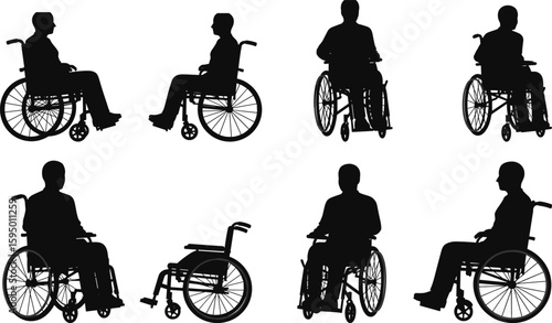 Wheelchair user silhouettes, various seated poses, mobility aid illustration, disability inclusion vector, flat black design, cad drawing style, healthcare icon