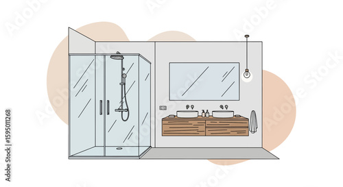 Modern bathroom with double sink vanity and glass shower enclosure