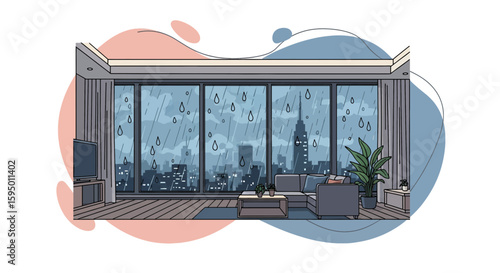 Modern living room with large windows and city view during rain