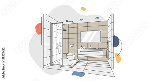 Modern bathroom interior with shower, toilet and vanity