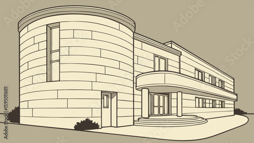 Modern architecture building design with stone facade and round tower vector illustration style for architects