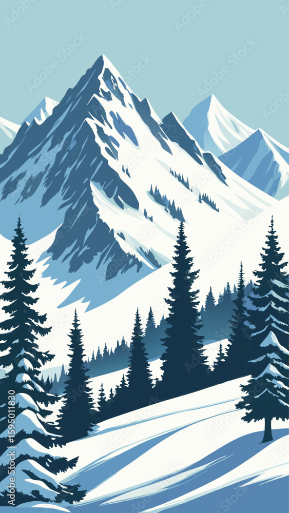 Fototapeta premium Snow Covered Mountain Landscape with Pine Trees View