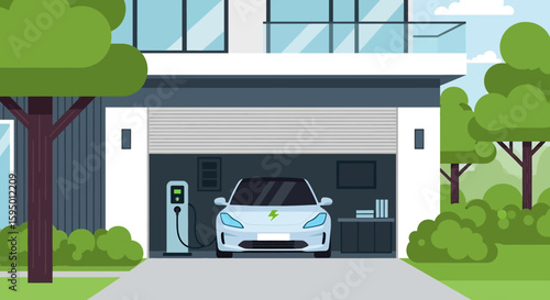 Adobe illustrator vector flat style illustration of a modern eco-friendly house with an electric car charging in the garage. Concept for sustainable living and green energy