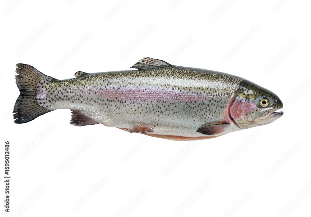 Naklejka premium Pristine fresh rainbow trout with glistening silvery scales, iridescent dark spots, dark head, and clearly visible fins, isolated against a transparent studio background, Concept for gourmet food