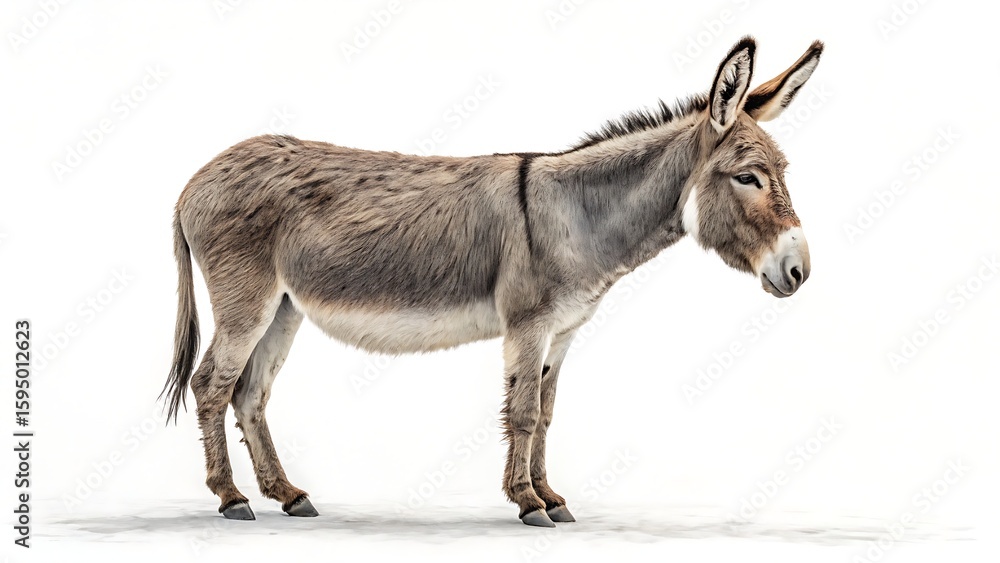 Fototapeta premium Full-body image of a domestic donkey with long ears and neutral posture on a clean white background.