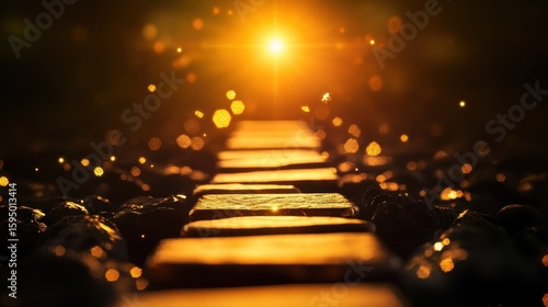 A glowing stone path illuminated by warm, golden light leads into a radiant, sunlit horizon with sparkling bokeh effects.