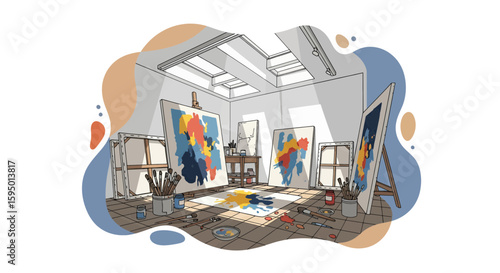 Art studio with painting supplies and canvas easels