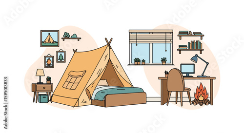 cozy interior with tent bed and workspace for camping style living
