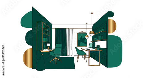 Modern home office interior with bookshelves desk and seating