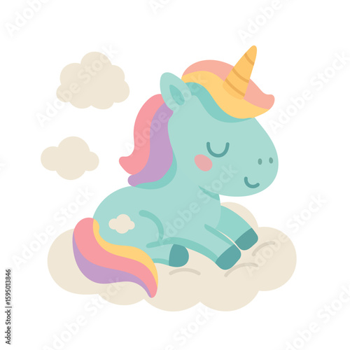 Dreamy blue unicorn with rainbow tail sleeps on a fluffy cloud in a peaceful pastel sky, ideal for bedtime illustrations and whimsical nursery prints.