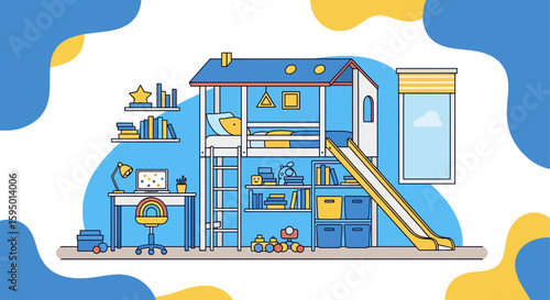 Children's bedroom with bunk bed and study area for kids