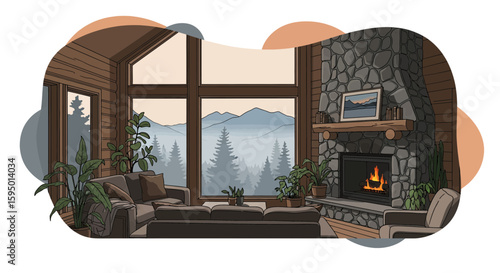 cozy mountain cabin interior with fireplace and large windows